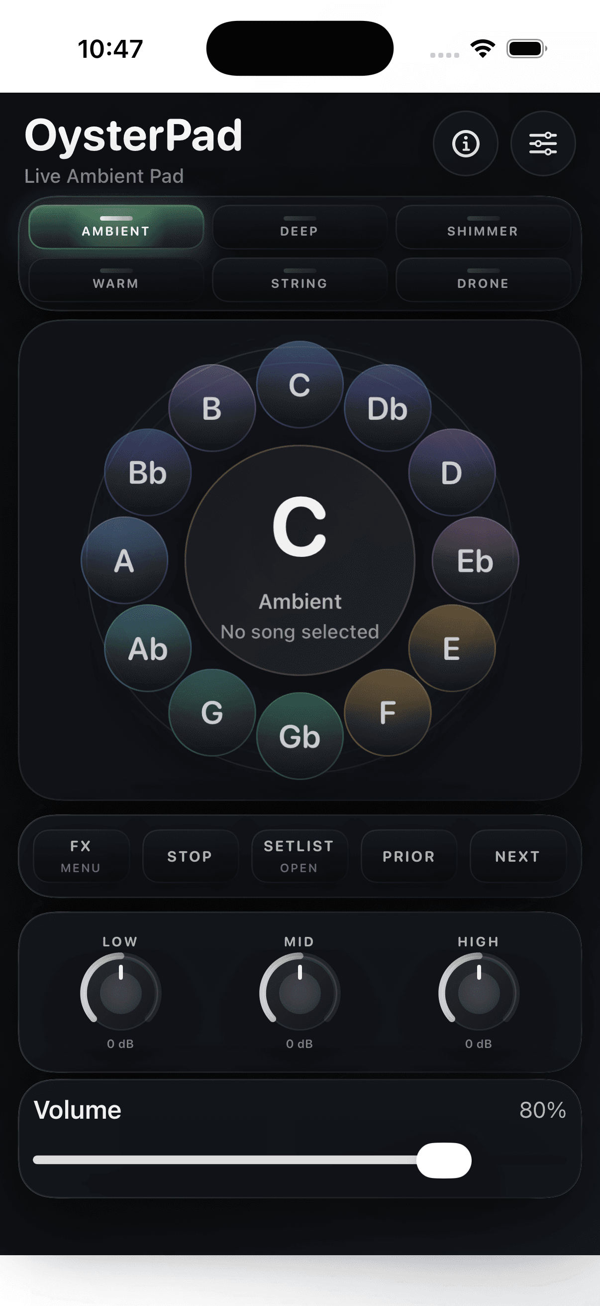 OysterPad main screen with the Ambient style and C selected on the note circle