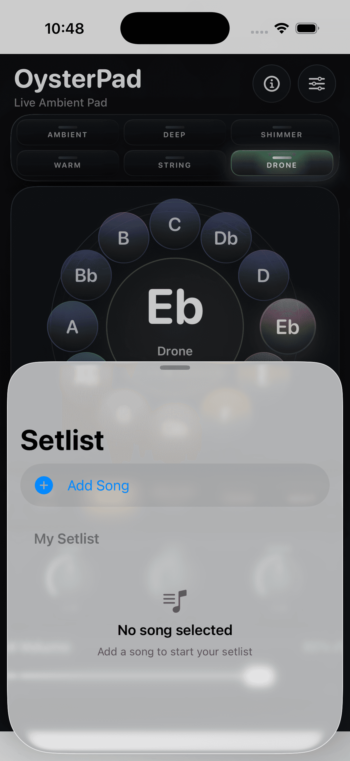 Setlist sheet over the OysterPad main screen