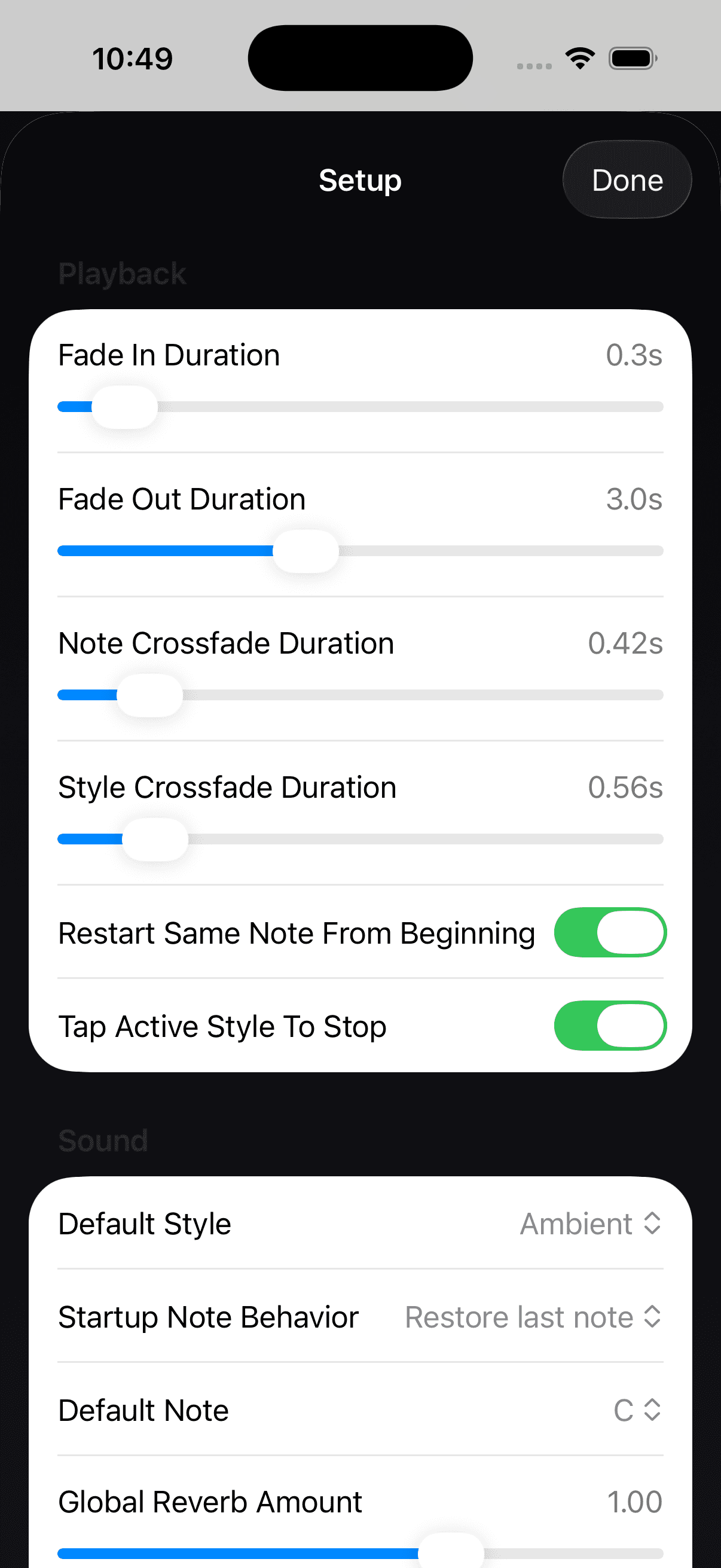 OysterPad setup screen with fade and crossfade durations