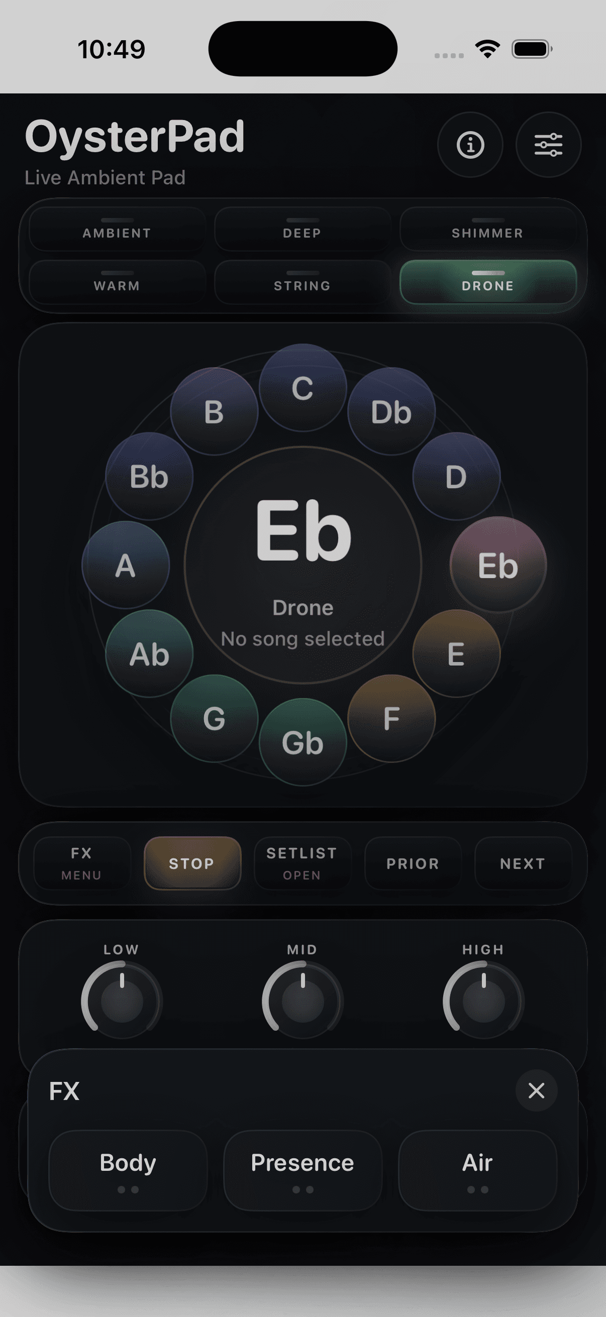 FX panel expanded with Body, Presence, and Air controls