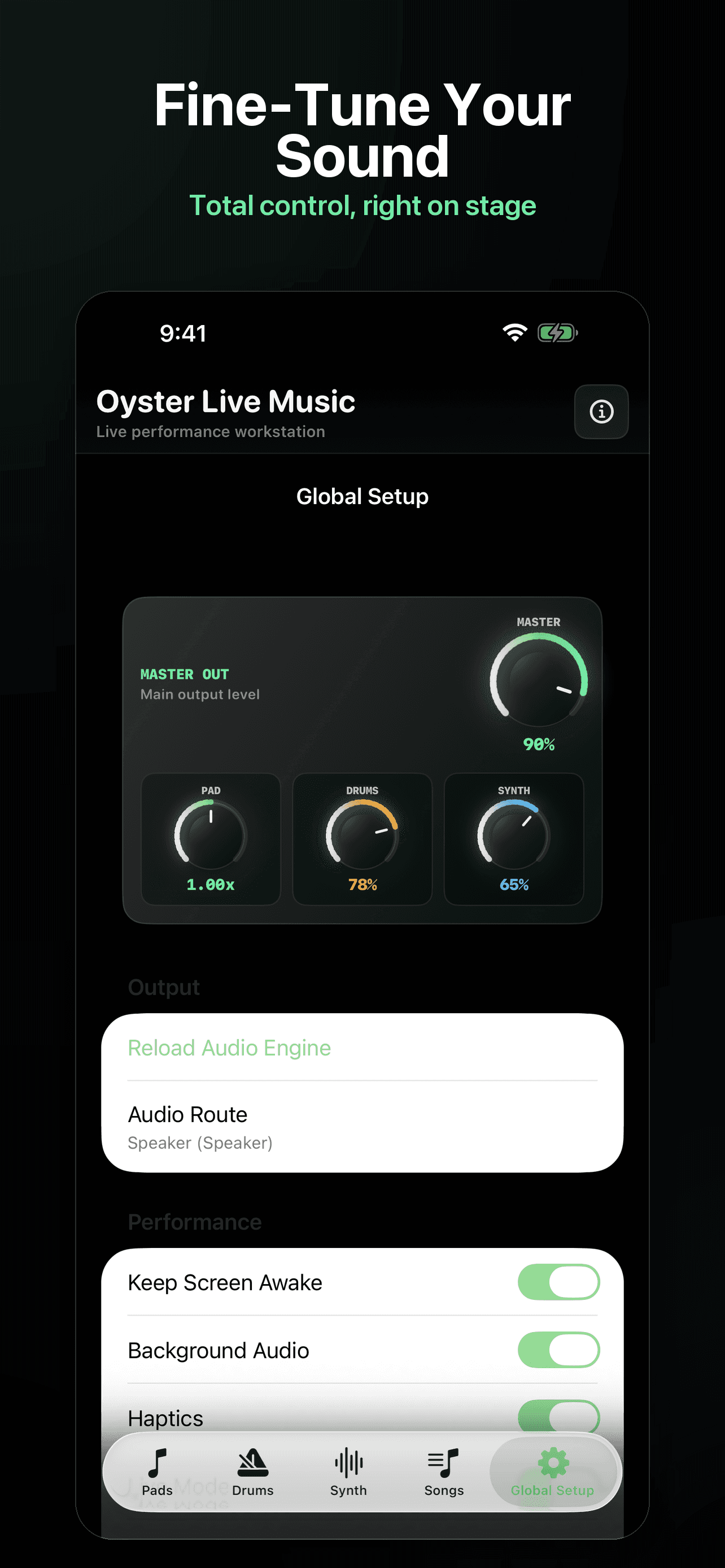 Oyster Live Music App Store screenshot showing global setup and mix controls