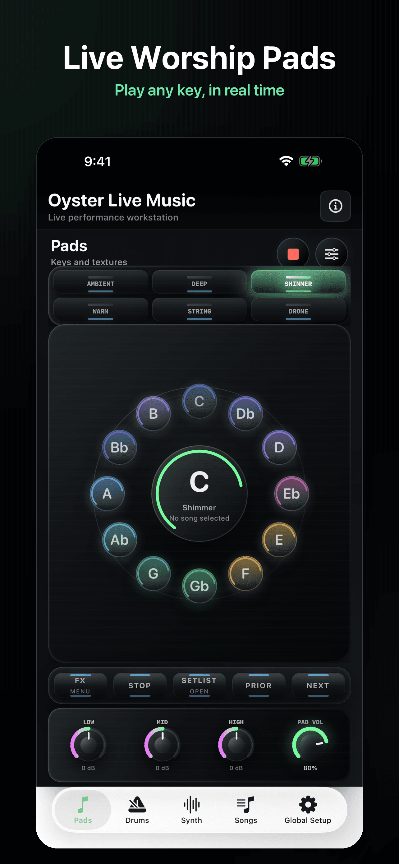 Oyster Live Music App Store screenshot showing live worship pads and key selection