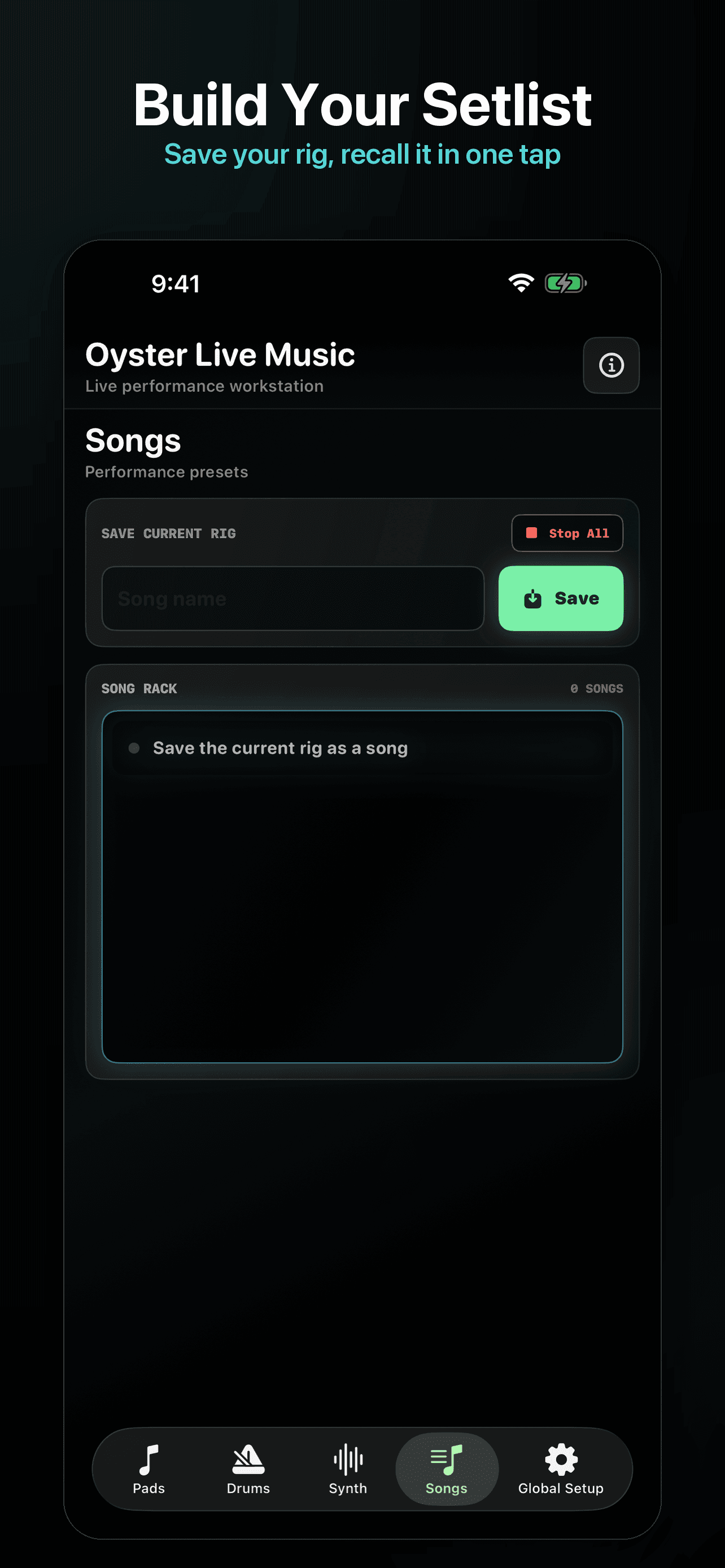 Oyster Live Music App Store screenshot showing song rig presets