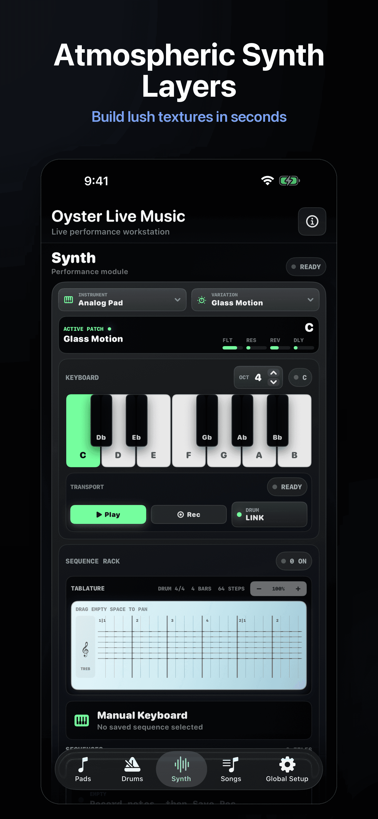 Oyster Live Music App Store screenshot showing atmospheric synth layers